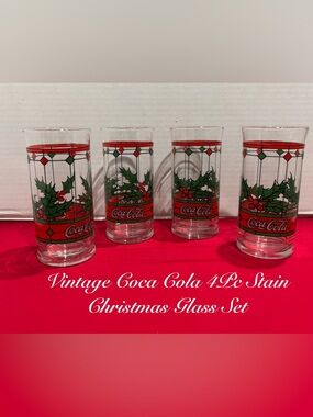 Vintage Coca-Cola Red and Green Holly Holiday Glasses 4pc Set
